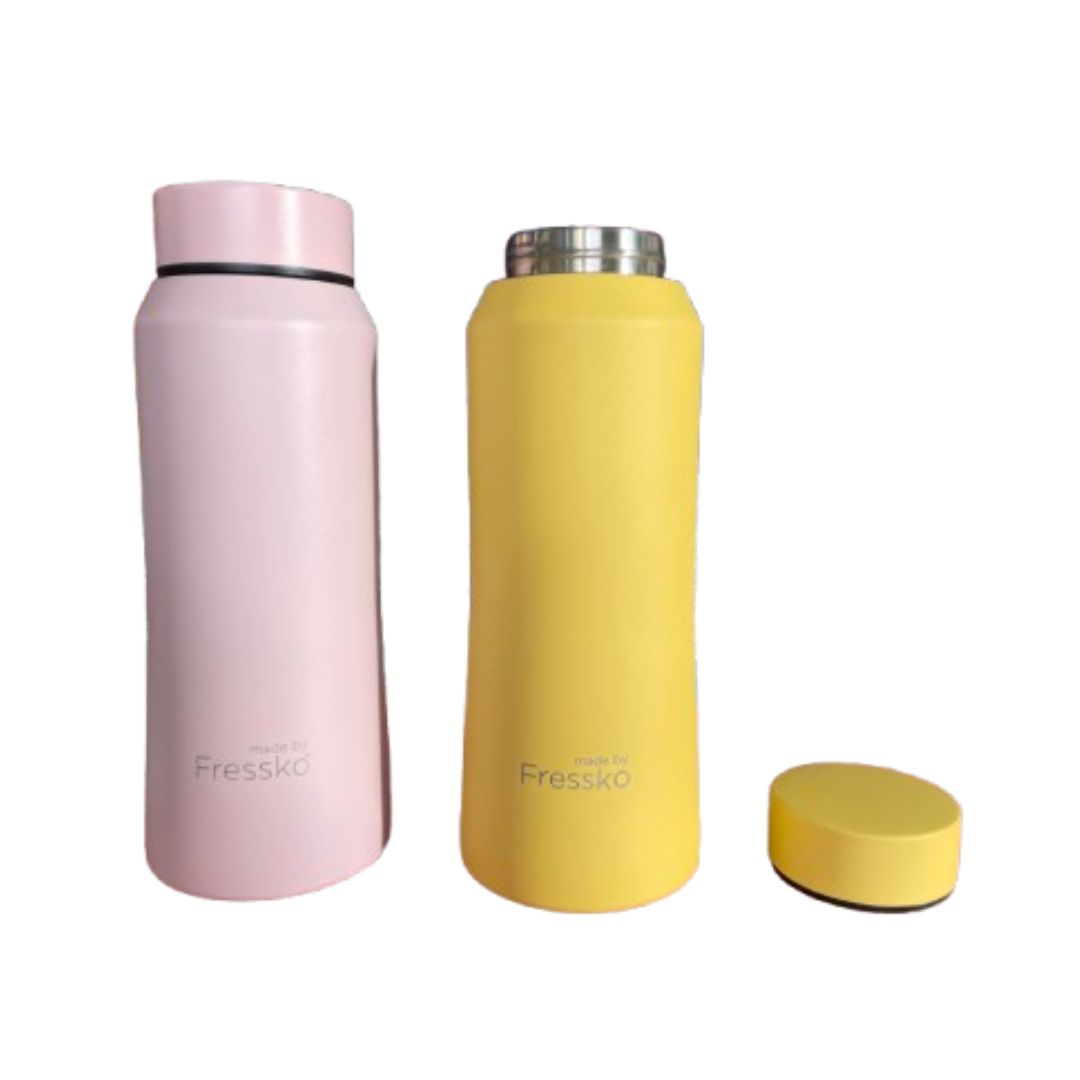 Pink and yellow water bottles with lids on a white background