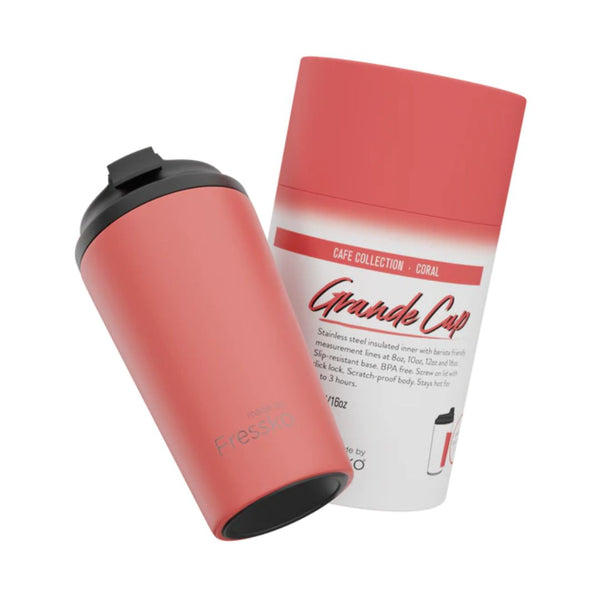 Fressko Grande Reuseable Cup in Coral with packaging