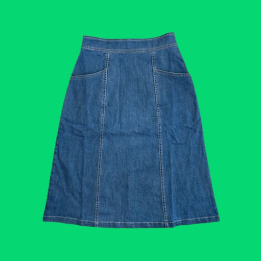 Frock Me Out A-Line Denim Skirt - Vintage Wash. A medium blue coloured denim skirt with a green background