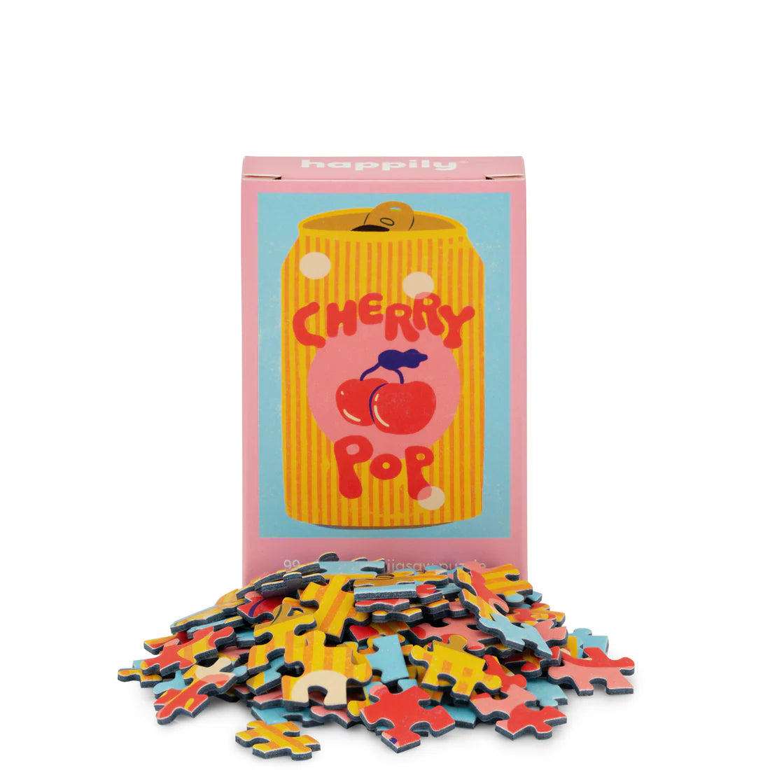 Puzzle with colourful pieces in front of a box featuring an illustration of a can of cherry pop on a white background