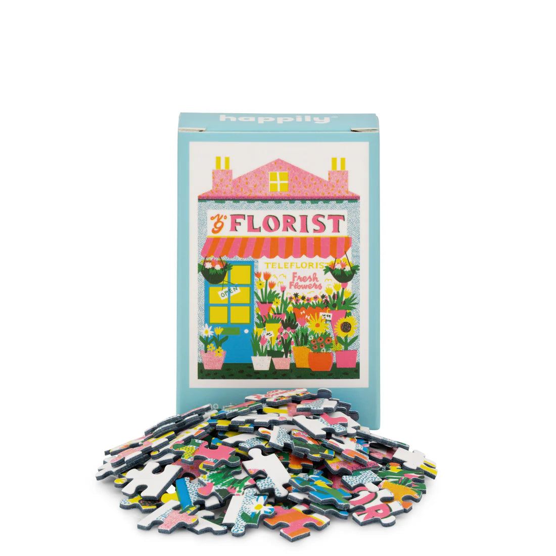 Mini puzzle box with illustration of a shop front labeled 'Florist' filled with pots of flowers in front of the shop on a white background