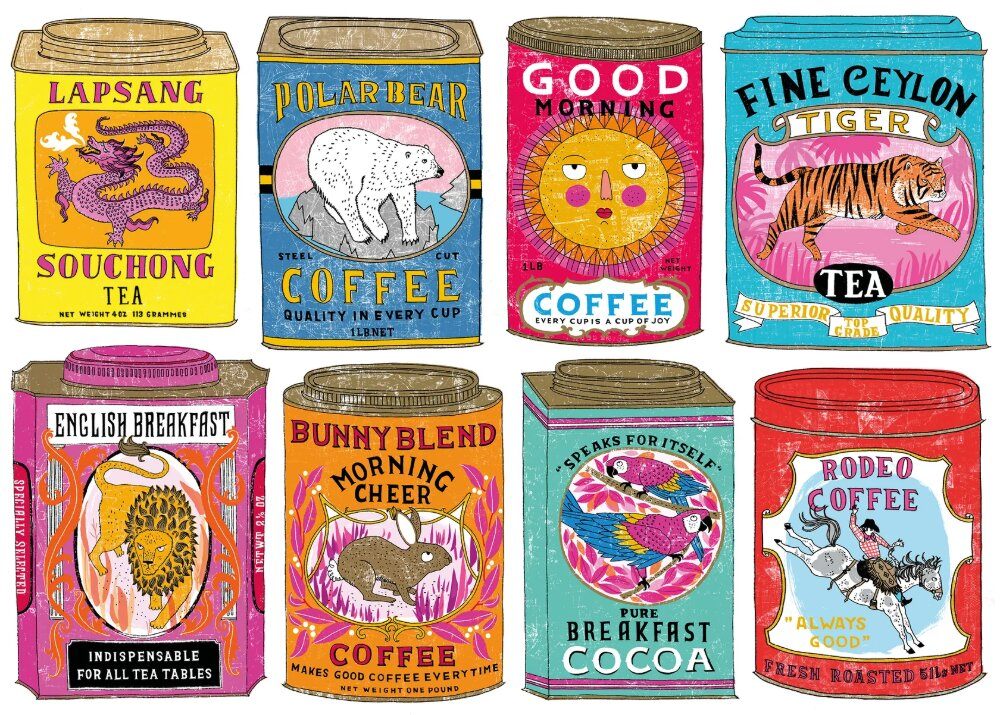 Illustrated collection of colourful tea and coffee tins with various designs and text.