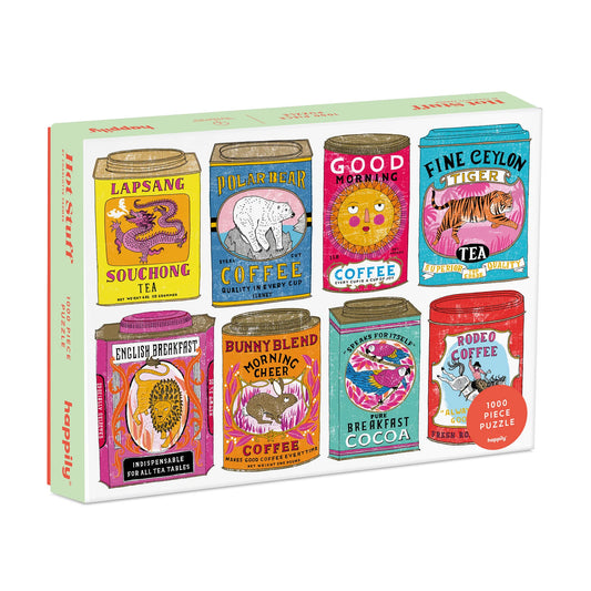 Set of colourful tea and coffee can-shaped puzzle pieces in a box
