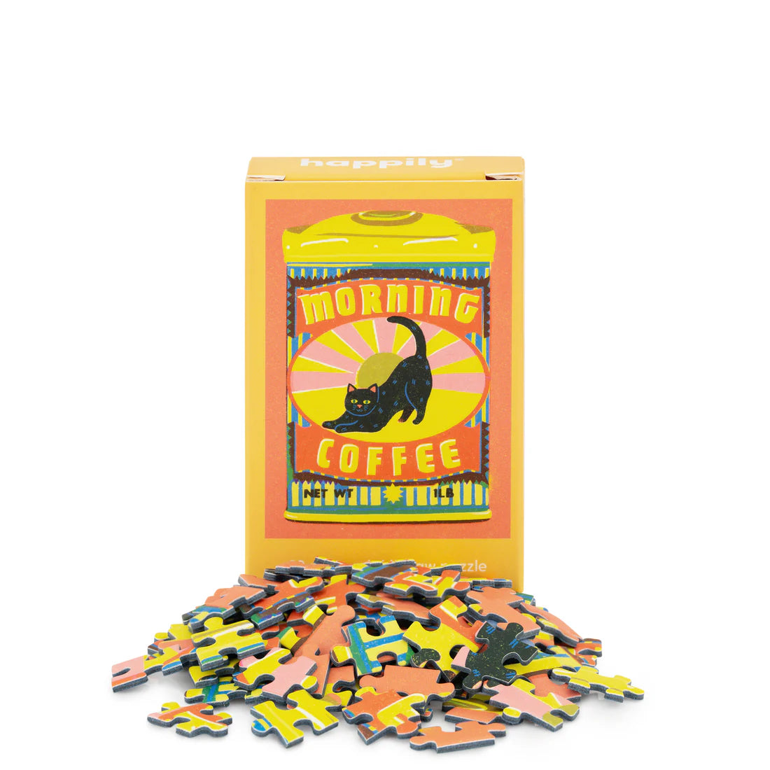 Puzzle box with pieces and illustration featuring a coffee tin with a black cat and 'Morning Coffee' text on a white background