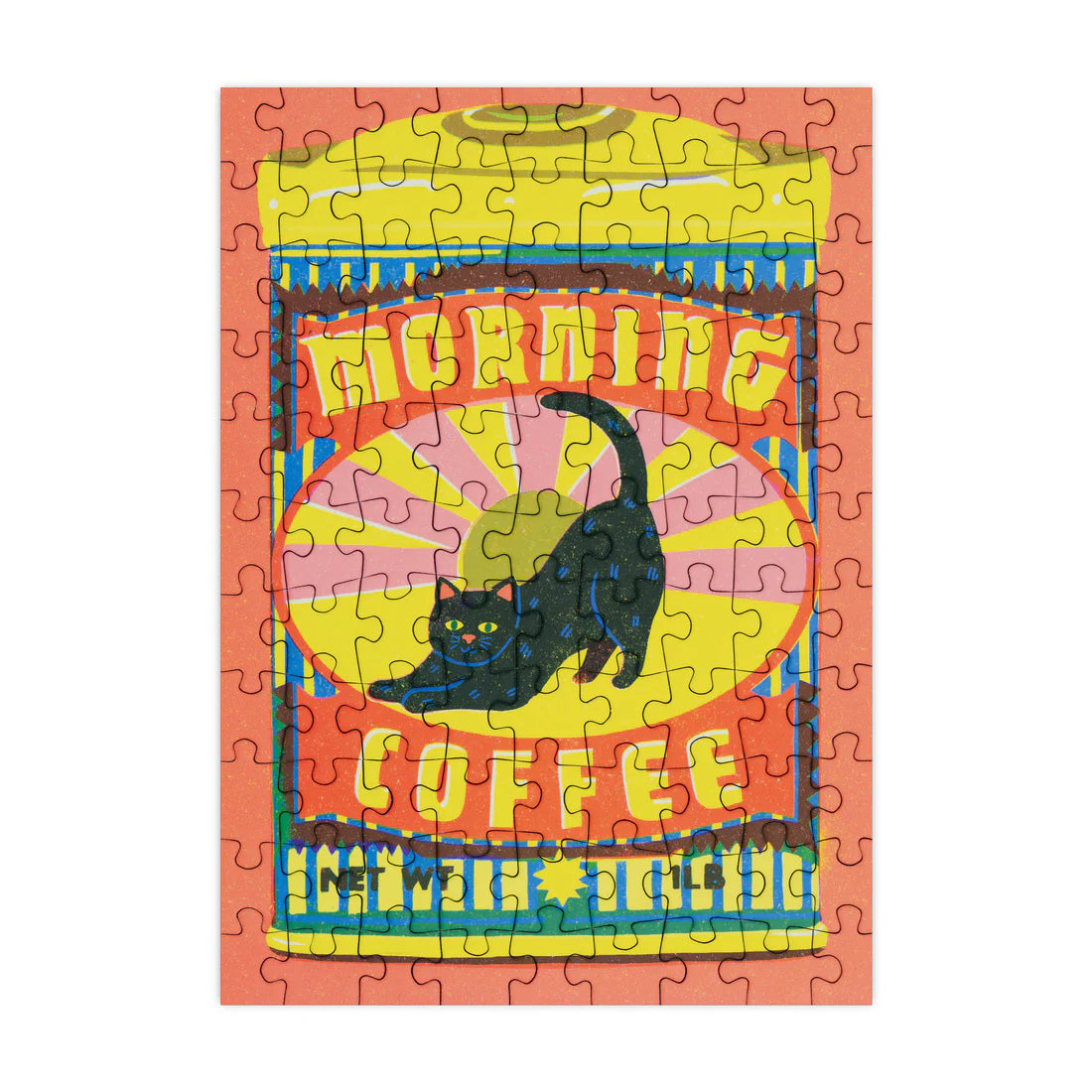 Jigsaw puzzle with a colorful illustration of a coffee tin featuring a black cat and text re4ading "morning coffee" on a white background.