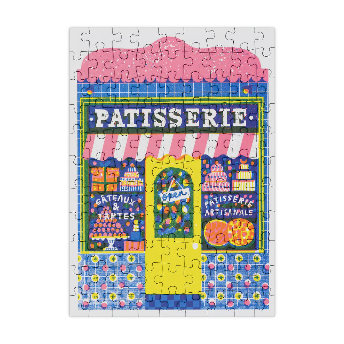 Completed mini puzzle with a colourful illustration of a patisserie shop on a white background