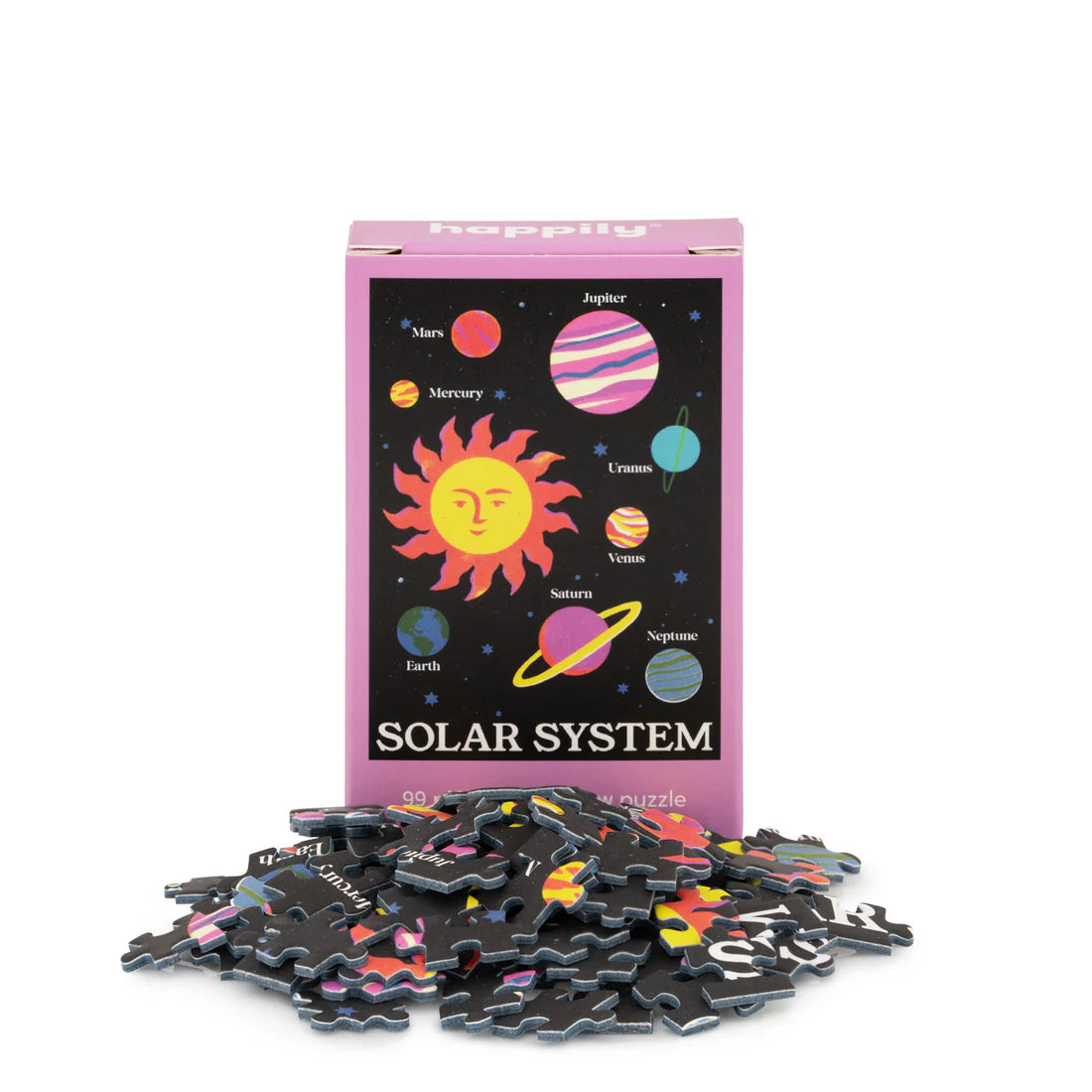Solar system-themed mini puzzle with packaging on a white background