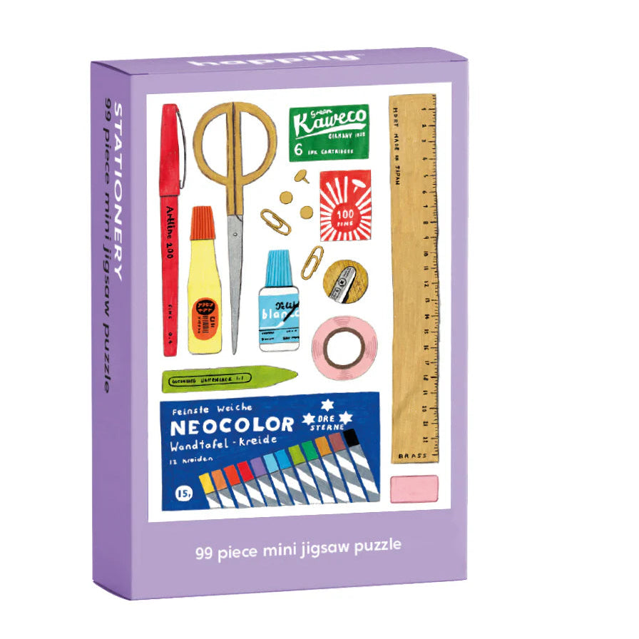 Mini puzzle box with illustration of various stationery items on a white background