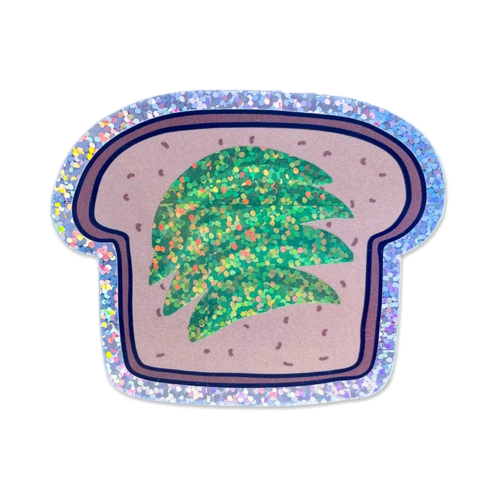 glittery avocado on toast with silver glitter outline