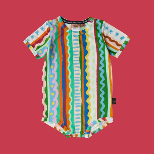 Kip & Co Beach Patterns Short Sleeve Romper, featuring colourful squiggles, stripes and stars.