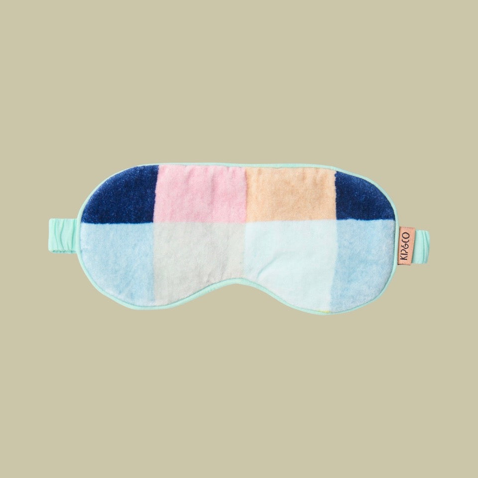 Kip & Co Florida Tartan Velvet Eye Mask - Colorful patchwork pattern eye mask on a beige background