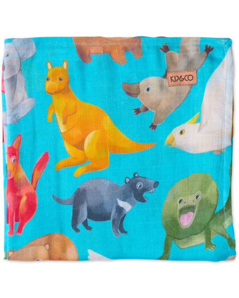 Close up of Kip & Co Home Among the Gum Trees Bamboo Baby Swaddle artwork design featuring many cartoon illustrations of Australian animals.