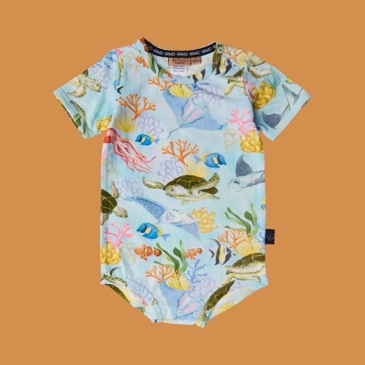 Kip & Co Reef Life Short Sleeve Romper
- a child's onesie with sea-themed print on a orange background