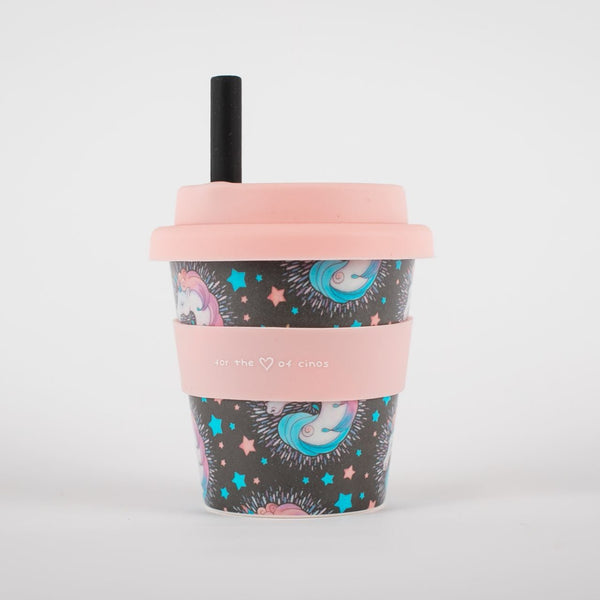 Little Cino Social Unicorn Babycino Cup in Pink with a black coloured straw.