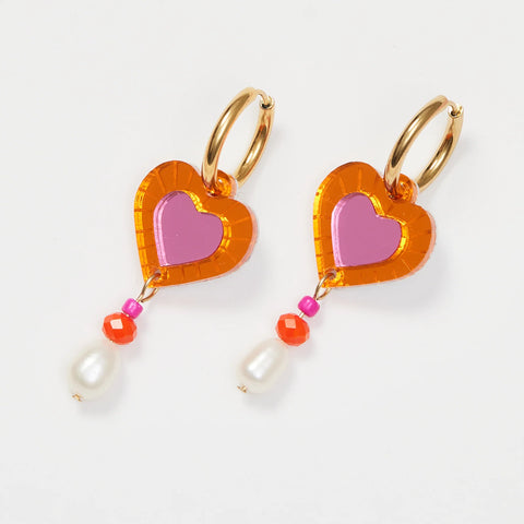 Martha Jean Heart & Bead Earrings - Pink/Orange