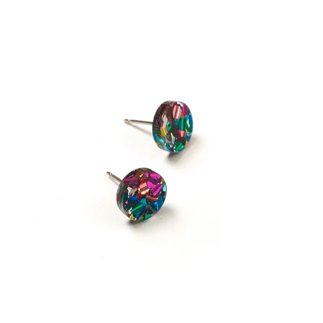 A pair of multicolored round earrings on a white background