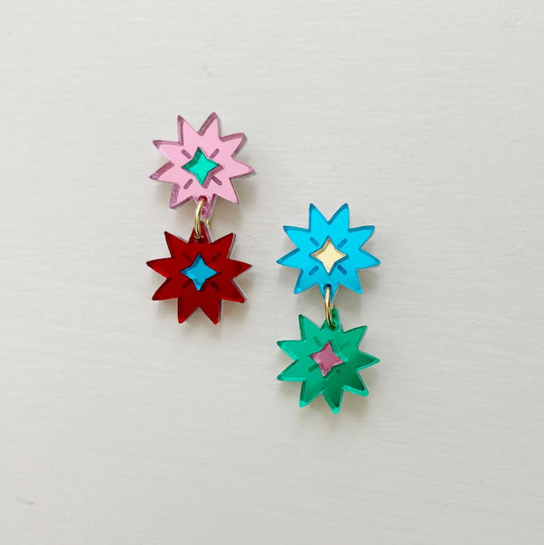 Martha Jean Double Stars Earrings - Rainbow