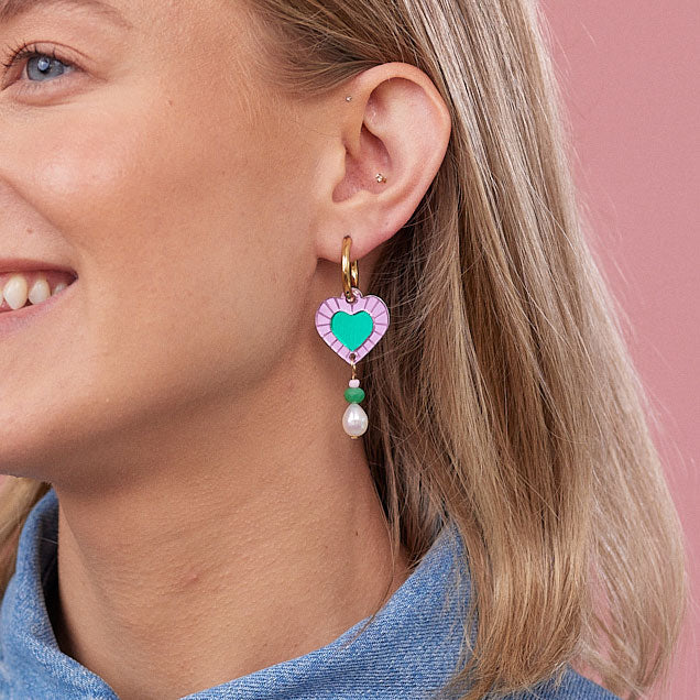 Martha Jean Heart & Bead Earrings - Violet/Green