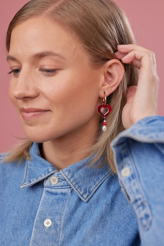 Martha Jean Heart & Bead Earrings - Red/Rose