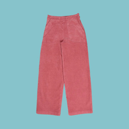Muted lolly pink corduroy pants on a light blue background