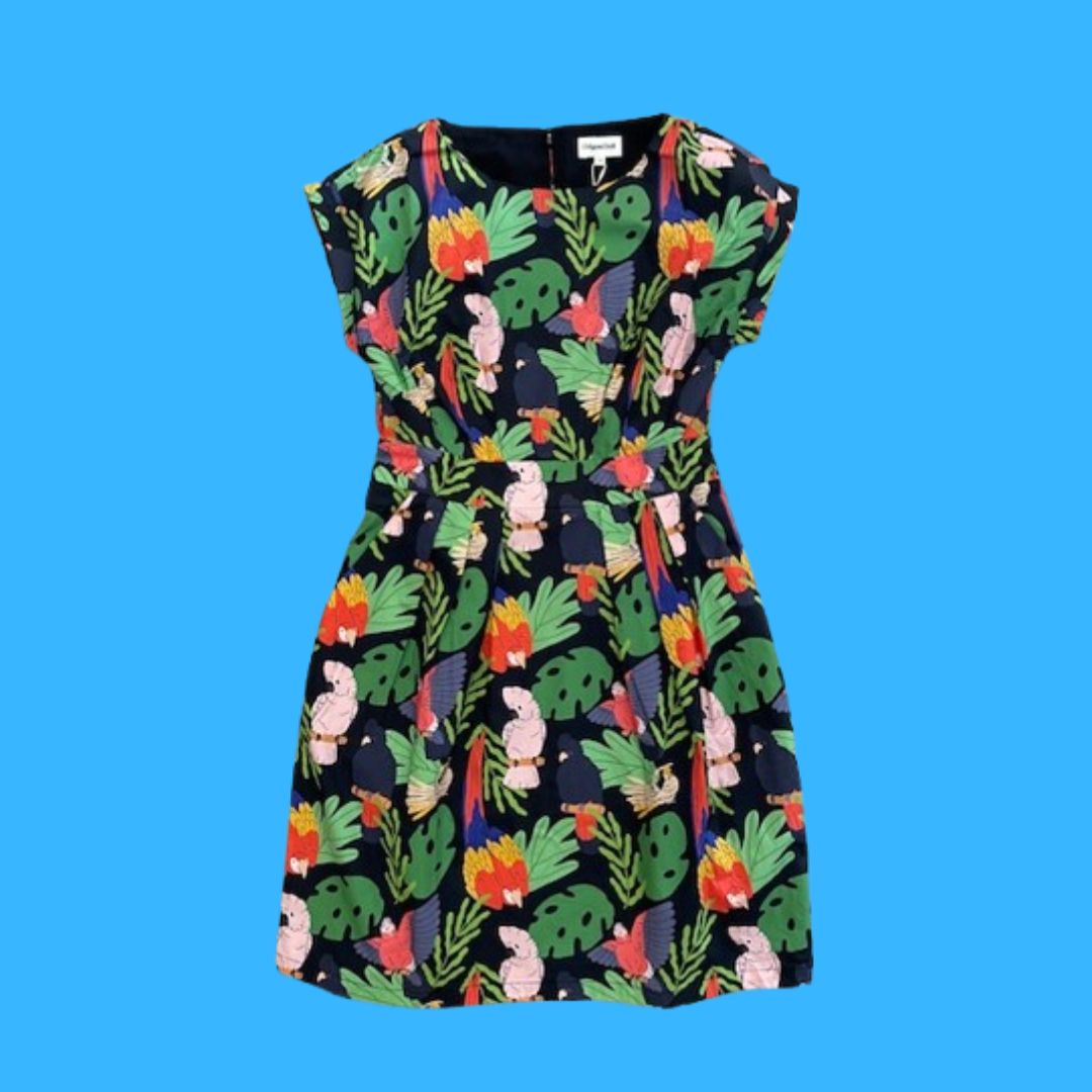 Dress with colourful tropical leaf and birds pattern on a blue background