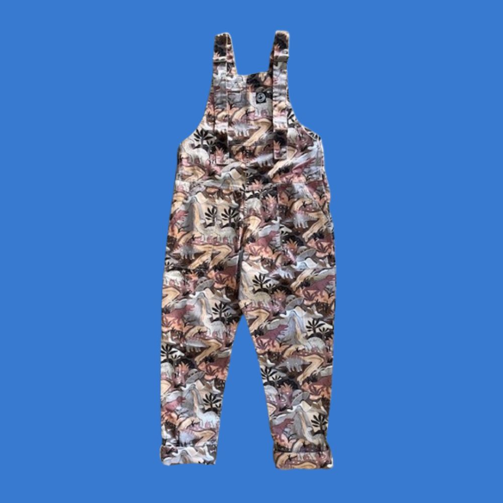 Dinosaurs patterned overalls in a brown-orange palette, on a blue background