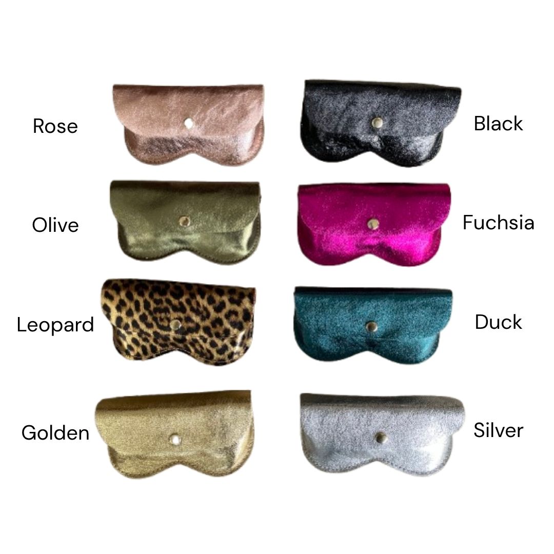 Eight metallic leather glasses case in various colors and patterns are arranged in a grid on a white background, with text labels identifying the colours: Rose, Black, Olive, Fuchsia, Leopard, Duck, Golden, and Silver.