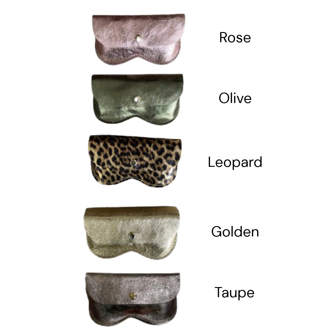 Five metallic glasses cases shown vertically on a white background, each labeled with a colour name: Rose, Olive, Leopard, Golden, and Taupe. 