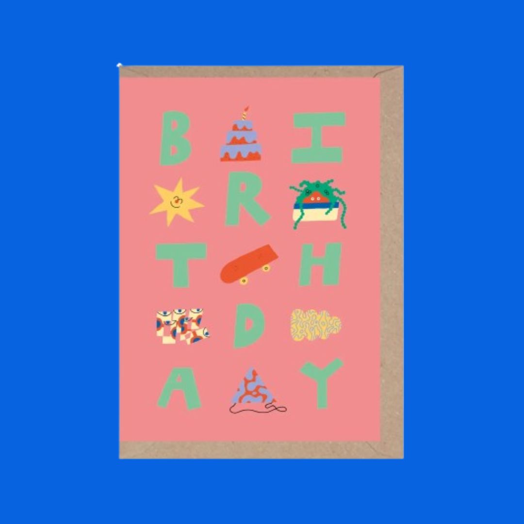 Birthday with fun icons between the letters that spell birthday.