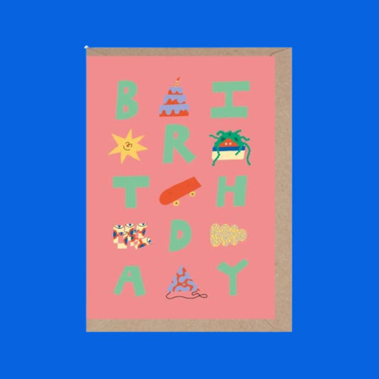 Birthday with fun icons between the letters that spell birthday.