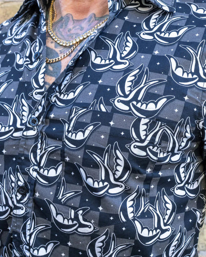 Close up of the fabric pattern placement on the Run and Fly Swallows Checkerboard Shirt