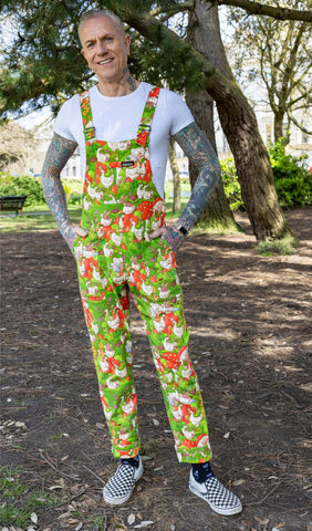 Run and Fly x The Mushroom Babes In The Geese Garden Stretch Twill Dungarees worn by model with their hands in the side pockets.