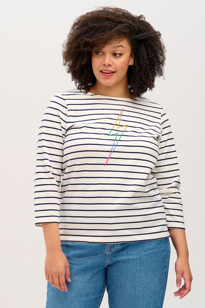 Sugarhill Brighton Navy Stripe Top with Embroidered Rainbow Lightning