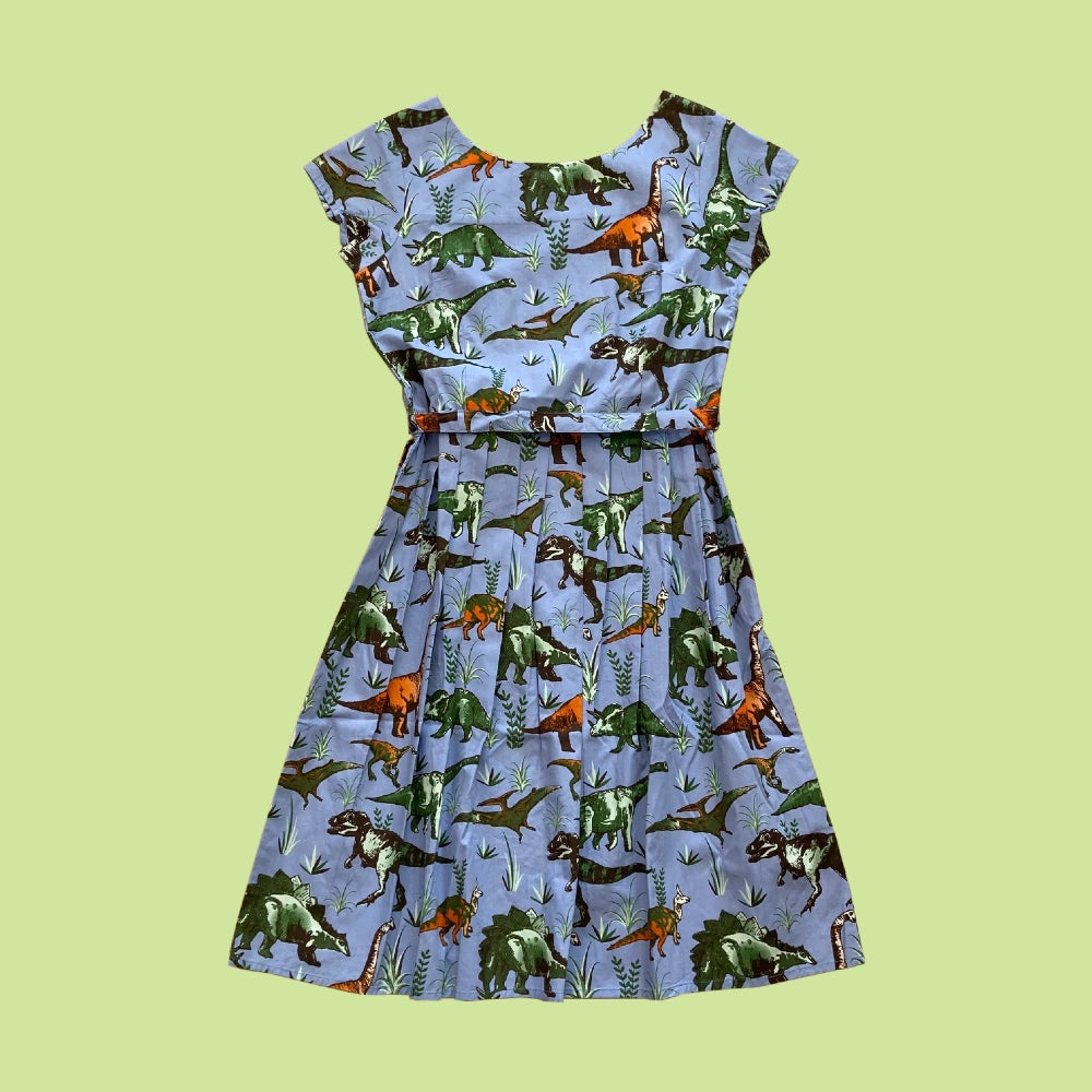 Pale blue dress with cap sleeves and a pleated skirt, covered in a dinosaur print. 