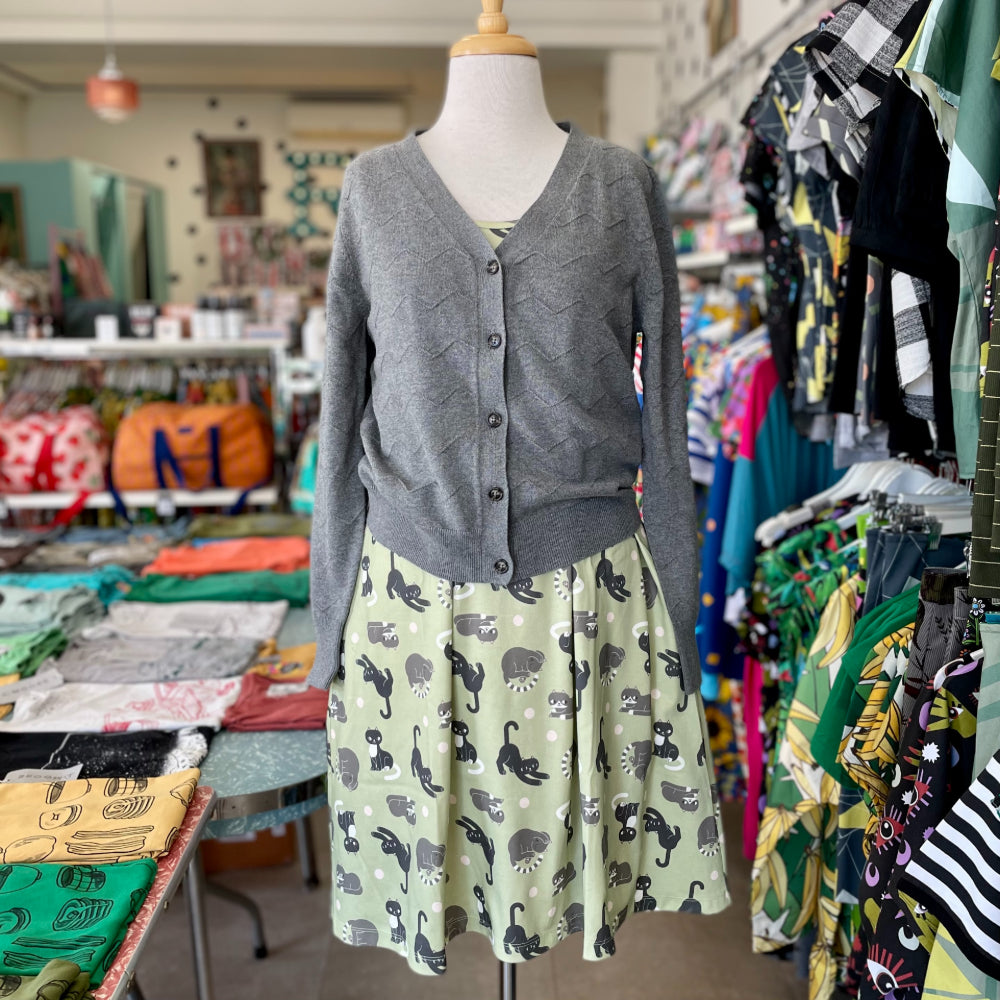 Shipshape Studio Swing Dress - Cats - cat pattern - Ruck Rover - made locally in Perth WA Australia - buy fashion online - Lisa Max Illustration - ethical - shop local - fair trade - jersey - dresses with pockets - comfy and versatile fashion - Miranda Murphy cardigan