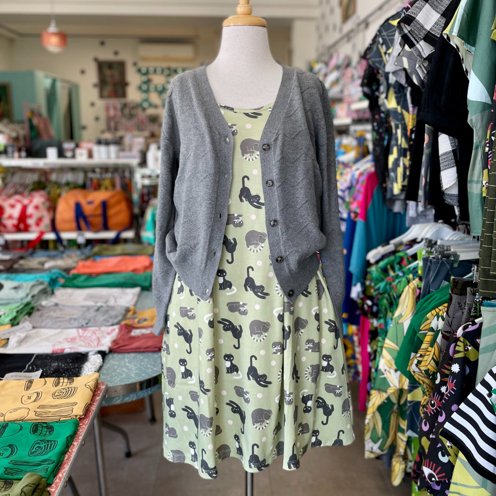 Shipshape Studio Swing Dress - Cats - cat pattern - Ruck Rover - made locally in Perth WA Australia - buy fashion online - Lisa Max Illustration - ethical - shop local - fair trade - jersey - dresses with pockets - comfy and versatile fashion - Miranda Murphy cardigan