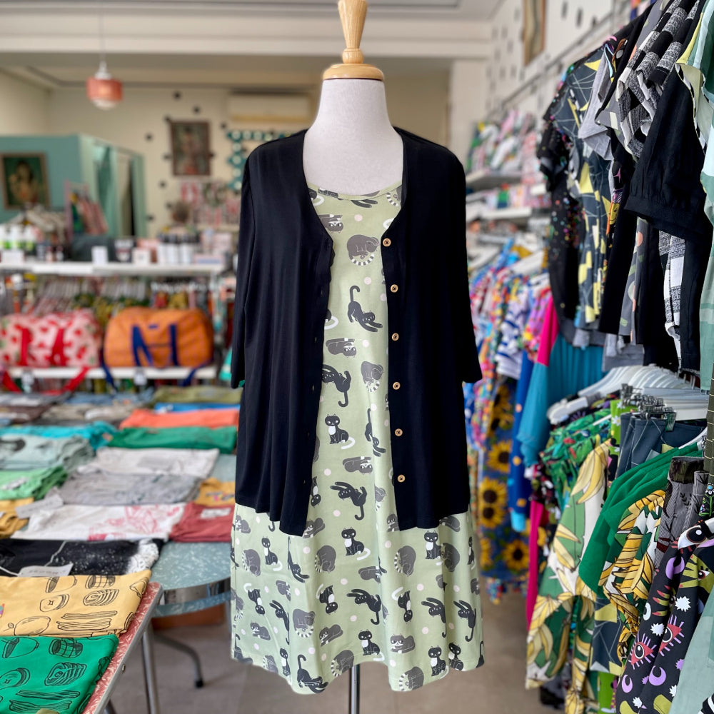 Shipshape Studio Swing Dress - Cats - cat pattern - Ruck Rover - made locally in Perth WA Australia - buy fashion online - Lisa Max Illustration - ethical - shop local - fair trade - jersey - dresses with pockets - comfy and versatile fashion - Frock Me Out kimono top
