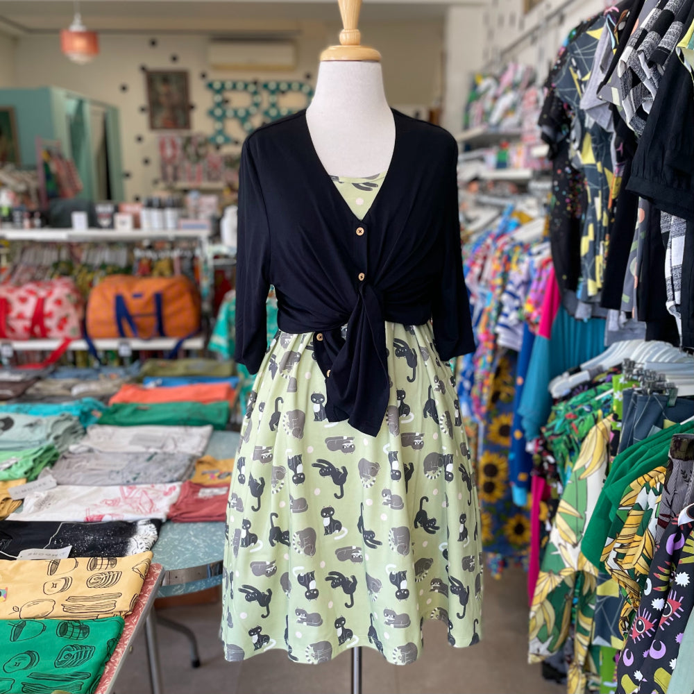Shipshape Studio Swing Dress - Cats - cat pattern - Ruck Rover - made locally in Perth WA Australia - buy fashion online - Lisa Max Illustration - ethical - shop local - fair trade - jersey - dresses with pockets - comfy and versatile fashion - Frock Me Out kimono top - knotted button up top