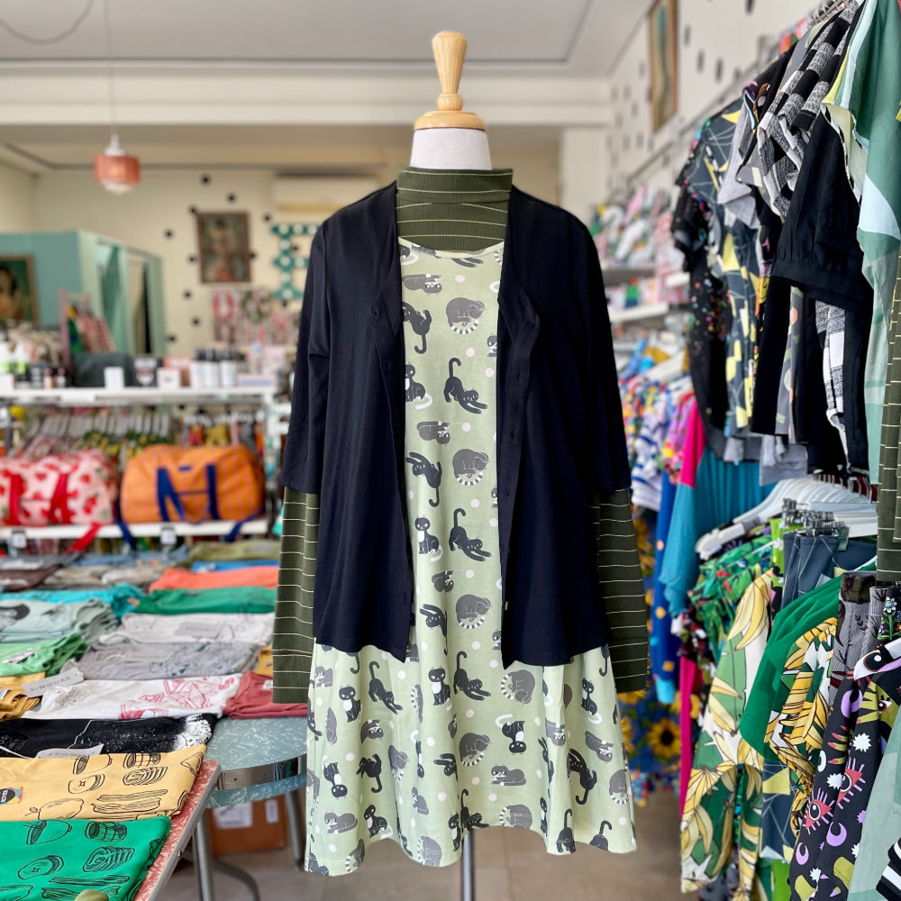 Shipshape Studio Swing Dress - Cats - cat pattern - Ruck Rover - made locally in Perth WA Australia - buy fashion online - Lisa Max Illustration - ethical - shop local - fair trade - jersey - dresses with pockets - comfy and versatile fashion - Frock Me Out kimono top - mock neck long sleeve top
